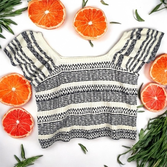 Treasure & Bond Striped Knit Women's 3X Crop Top Cable Knit Flutter Off Sleeves - Picture 2 of 7